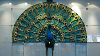 Wandbrunnen aus bemalter Keramik in Form eines Pfaus.