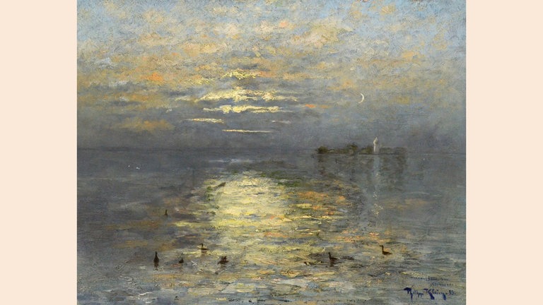 Philipp Klein: Sonnenaufgang am Chiemsee. Öl auf Malpappe, 1893. Ausstellung in den Reiss-Engelhorn-Museen Mannheim