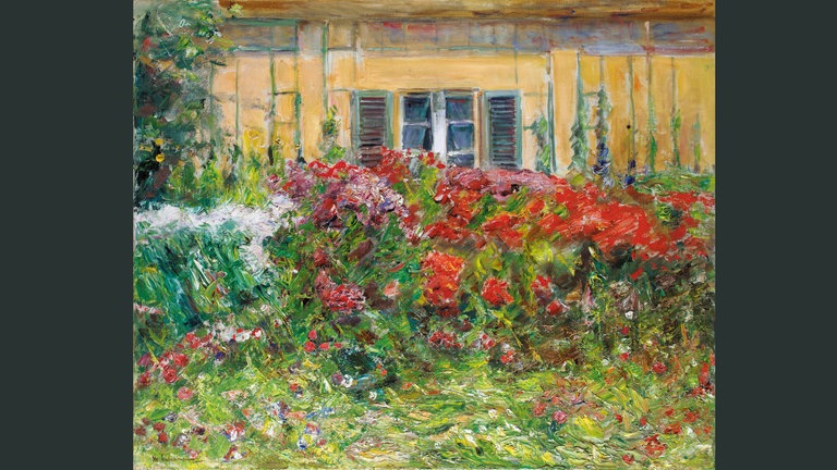 Max Liebermann, Blumenstauden vor dem Gärtnerhäuschen nach Norden, 1928