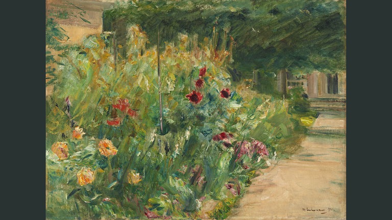 Max Liebermann, Blumenstauden am Gärtnerhäuschen nach Osten, 1923