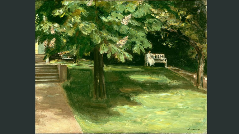 Max Liebermann, Gartenbank unter dem Kastanienbaum – Blühende Kastanien, 1916