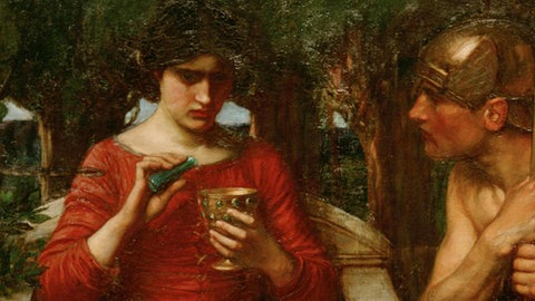 Medea mischt das Zaubermittel für den wartenden Jason. Gemälde von John William Waterhouse