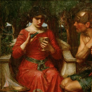 Medea mischt das Zaubermittel für den wartenden Jason. Gemälde von John William Waterhouse