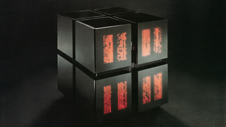 Der Supercomputer "Connection Machine CM2" – schwarzer Würfel aus vielen kleineren Würfeln, bestückt mit über 4.000 roten LEDs