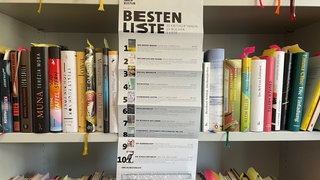 Bücherregal und Flyer der Bestenliste Mai 2025