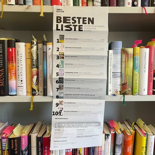 Bücherregal und Flyer der Bestenliste Mai 2025