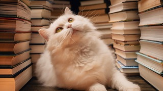 Katze zwischen Büchern