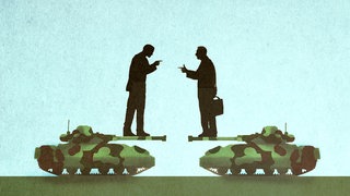 Gezeichnete Panzer, auf denen zwei Männer stehen, die diskutieren