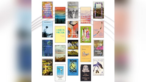 Die Buchcover der Longlist des Deutschen Buchpreises, bestehend aus 20 Titeln