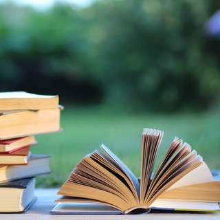 Ein Buchstapel draußen im Garten