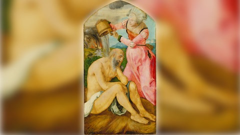 Gemälde von Albrecht Dürer auf dem der alte Hiob am Boden sitzend von seiner Gattin einen Wasserguss verabreicht bekommt.