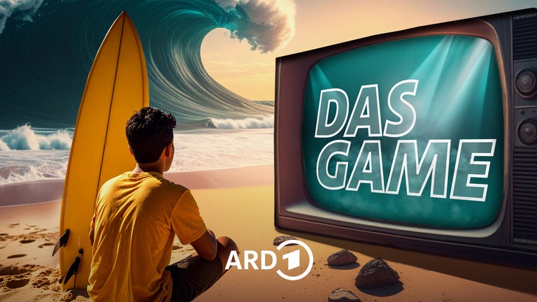 Grafik zum Hörbuch "Das Game": Ein Surfer sitzt am Strand vor einem großen, altmodischen Fernseher