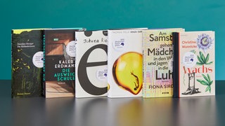 Die Bücher auf der Shortlist des Deutschen Buchpreises 2025. (v.l.n.r. Dorothee Elmiger: Die Holländerinnen, Kaleb Erdmann: Die Ausweichschule, Jehona Kicaj: ë, Thomas Melle: Haus zur Sonne, Fiona Sironic: Am Samstag gehen die Mädchen in den Wald und jagen Sachen in die Luft, Christine Wunnicke: Wachs)