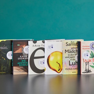Die Bücher auf der Shortlist des Deutschen Buchpreises 2025. (v.l.n.r. Dorothee Elmiger: Die Holländerinnen, Kaleb Erdmann: Die Ausweichschule, Jehona Kicaj: ë, Thomas Melle: Haus zur Sonne, Fiona Sironic: Am Samstag gehen die Mädchen in den Wald und jagen Sachen in die Luft, Christine Wunnicke: Wachs)
