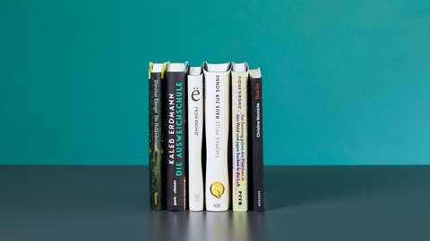 Die Bücher auf der Shortlist des Deutschen Buchpreises 2025. (v.l.n.r. Dorothee Elmiger: Die Holländerinnen, Kaleb Erdmann: Die Ausweichschule, Jehona Kicaj: ë, Thomas Melle: Haus zur Sonne, Fiona Sironic: Am Samstag gehen die Mädchen in den Wald und jagen Sachen in die Luft, Christine Wunnicke: Wachs)