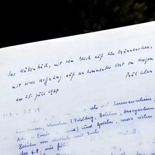 Eintrag Paul Celans im Gästebuch der Hütte des Philosophen Martin Heidegger in Todtnauberg im Schwarzwald vom 25.07.1967: "Ins Hüttenbuch, mit dem Blick auf den Brunnenstern, mit einer Hoffnung auf ein kommendes Wort im Herzen".