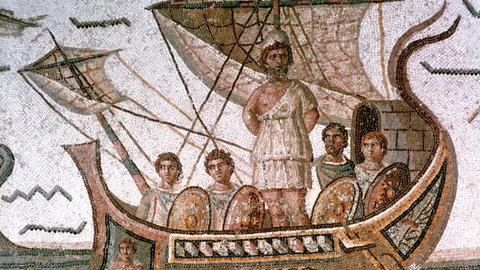 Odysseus an den Mast gebunden. Römisches Mosaik, 3. Jahrhundert.