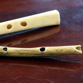 Der Nachbau einer 38.000 Jahre alten Flöte aus Geierflügelknochen (oben) und eine Flöte aus Mammutelfenbein liegen auf einem Tisch des Archäologen Instituts in Berlin.