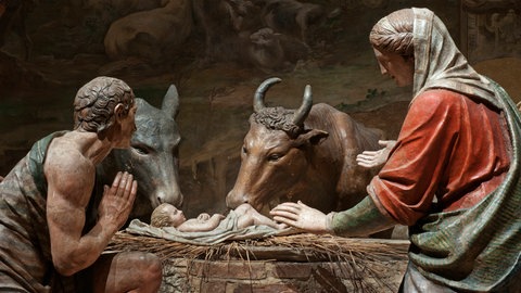 Darstellung der heiligen Familie im Stall mit Ochs und Esel in Sacro Monte di Varese