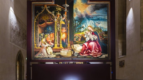 Isenheimer Altar von Matthias Grünewald, Gemälde Engelskonzert und Christi Menschwerdung, Museum Unterlinden, Colmar, Elsass, Frankreich.