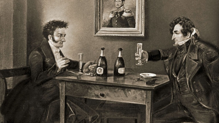 E.T.A. Hoffmann und Ludwig Devrient (Schauspieler) im Weinhaus Lutter und Wegner in Berlin. Gemälde, um um 1832, von Karl Themann nach Skizze von Hoffmann um 1818. Bamberg, Privatbesitz.