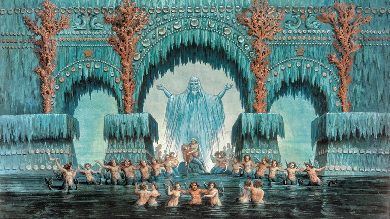 Bühnenbild zu "Undine" (romantische Zauperoper von E.T.A. Hoffmann), Entwurf zur 1. Dekoration der Uraufführung. Gouache, 1816, von Karl Friedrich Schinkel (17811841).