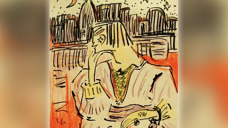 Jussuf prince Tiba', 1913. Tusche und Buntstift, 14,1 x 9 cm. (Postkarte von Else Lasker-Schüler an Franz Marc vom 23.12.1913). 