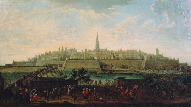 Wien, Gesamtansicht (Österreich). - "Prospekt der Innenstadt vor dem Rotenturmtor". - (Blick vom Leopoldstaedter Ufer mit der Schlagbruecke gegen die Innenstadt). Gemälde, um 1740, von Johann Adam Delsenbach (1687-1765). Öl auf Leinwand, Wien, Hist. Museum der Stadt Wien.