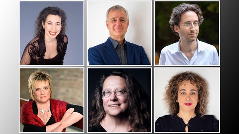 Gesprächspartner von Thema Musik Goldbergvariationen : v. l. n. R. 1. Reihe: Angela Hewitt, Andreas Groethuysen, Daniel Grossmann, 2. Reihe: Christine Schornsheim, Dorothea Hofmann, Yara Tal