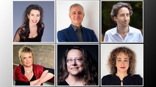 Gesprächspartner von Thema Musik Goldbergvariationen : v. l. n. R. 1. Reihe: Angela Hewitt, Andreas Groethuysen, Daniel Grossmann, 2. Reihe: Christine Schornsheim, Dorothea Hofmann, Yara Tal