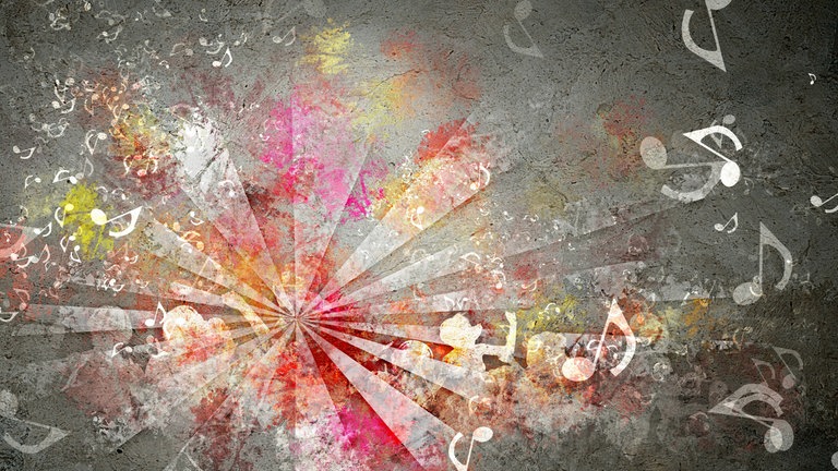 Collage: Abstrakte, farbenfrohe Hintergründe mit Elementen, die Musik symbolisieren. 