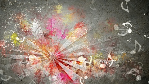 Collage: Abstrakte, farbenfrohe Hintergründe mit Elementen, die Musik symbolisieren. 