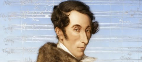 Carl Maria von Weber, 1786 1826, deutscher Komponist, Dirigent und Pianist (digital bearbeitet nach einem Gemälde von Ferdinand Schimon, Notizblatt zur romantischen Oper "Der Freischütz").