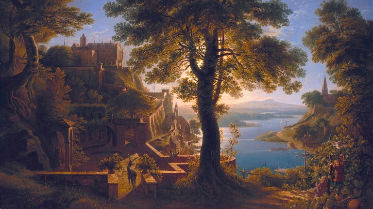 Karl Friedrich Schinkel (1781-1841) - 'Schloß am Strom', 1820. (Nach Motiven einer mündlichen Erzählung von Clemens Brentano). Öl auf Leinwand, 70 x 94 cm. Inv.Nr. W.S. 201 Alte Nationalgalerie, Berlin.