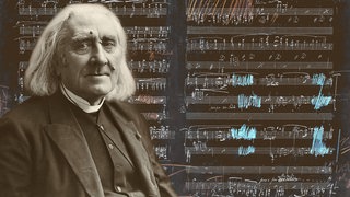 Porträt von Franz Liszt (Fotografie von Nadar) mit den Noten von Années de pèlerinage, Suite für Klavier solo