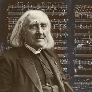 Porträt von Franz Liszt (Fotografie von Nadar) mit den Noten von Années de pèlerinage, Suite für Klavier solo