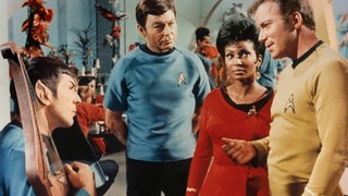 Raumschiff Enterprise (Star Trek, TV-Serie, 1966-1969) Leonard Nimoy, DeForest Kelley, Nichelle Nichols, William Shatner  Vulkanier, vulkanische Harfe 