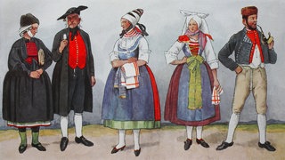 Trachten aus Bayern, Franken, ca. 19. Jahrhundert. Von links: ein Paar aus dem Nürnberger Raum, eine Frau aus Gochsheim, eine Frau aus Geldersheim bei Schweinfurt und ein Bauer aus Unterfranken 