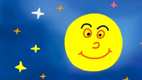 Kinderzeichnung aus Deutschland: Der Mond trägt eher männliche Züge mit dunklen Augenbrauen. Im Deutschen ist es "die Sonne" und "der Mond". Im Französischen ist es umgekehrt: "le soleil", "la lune". 
