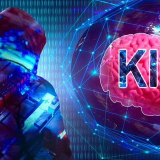 Weltkugel mit Gehirn und Roboter im Vordergrund und dem Text: KI - Künstliche Intelligenz. Symbolbild - KI-Sprachmodell ChatGPT schreibt nur langweilige Drehbücher