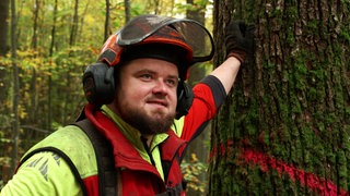 Mario Walz ist Holzarbeiter. Er trägt Schutzausrüstung und stützt sich an einer alten Eiche ab.