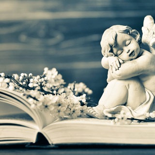 Aufgeschlagenes Buch mit blühendem Zweig und Engelsfigur