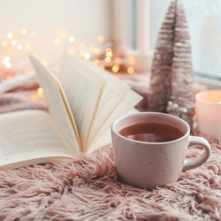 Buch romantisch dekoriert mit Lichterkette, Fell und Tannenbaum