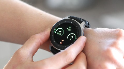 Eine Fitness-Tracking-Armbanduhr am Handgelenk eines Menschen. Genau solche Tracking Geräte gibt es auch als Gadgets für Haustiere.
