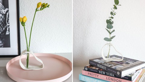 Wasser in das Reagenzglas füllen und frische Blumen einsetzen. Für Trockenblumen wird kein Wasser benötigt. Diese können auch ohne Reagenzglas dekoriert werden. 