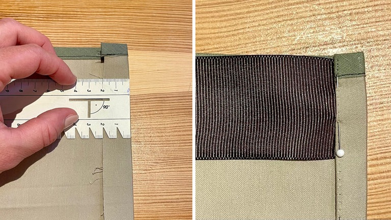 Die Schnittkanten oben, sowie rechts und links am Schnittteil 2 cm nach innen umbügeln. Anschließend die Schnittkante 1 cm nach innen umschlagen und feststecken.