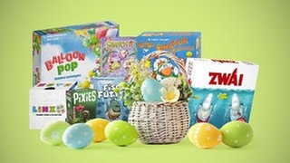 Sieben kleine Gesellschaftsspiele mit einem Nest und Ostereiern: So manches aktuelles Brettspiel, Kartenspiel und Würfelspiel eignet sich gut als Geschenk zu Ostern.