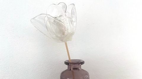 Dann die vier kleineren Blütenblätter um das Innere der Blüte festkleben. Zum Schluss die vier größeren Blütenblätter versetzt zu den inneren Blütenblättern festkleben. 