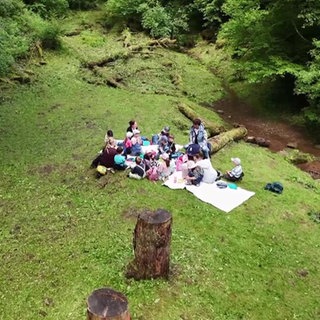 Sonja Faber-Schrecklein sitzt zusammen mit einer Kindergruppe im Wald