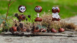 Drei Figuren aus Kastanien gebastelt.